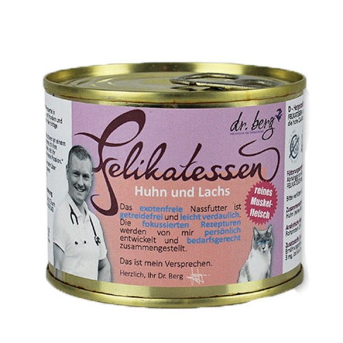 DR. BERG FELIKATESSEN KURCZAK I ŁOSOŚ Kompletna karma mokra z czystego mięsa mięśniowego dla kotów - 190 g x 6 szt..jpg