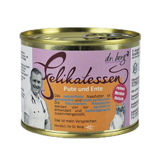 DR. BERG FELIKATESSEN INDYK I KACZKA  Kompletna karma mokra z czystego mięsa mięśniowego dla kotów - 190g x 6 szt..jpg