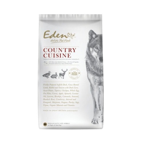EDEN COUNTRY CUISINE Karma sucha z kaczką, jagnięciną, królikiem i dziczyzną   i żołądkami dla psów szczeniąt i psów dorosłych ras średnich i dużych.jpg