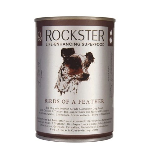 ROCKSTER SUPERFOOD BIRDS OF FEATHER Organiczna, kompletna, mokra karma z bio kurczakiem i bio indykiem wspierająca zdrową sierść i zdrową skórę - 400 g x 4 szt.jpg