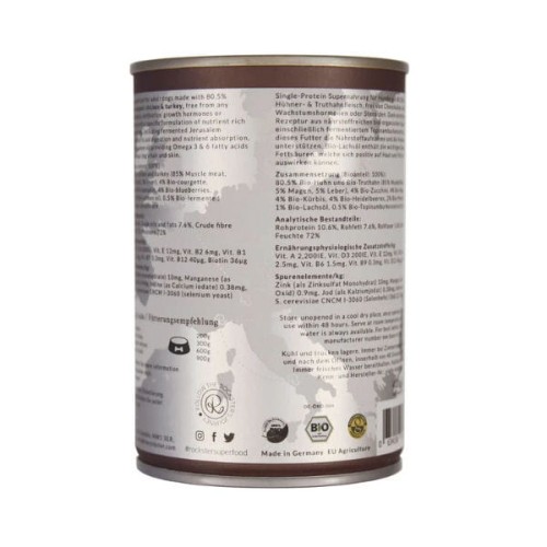 ROCKSTER SUPERFOOD BIRDS OF FEATHER Organiczna, kompletna, mokra karma z bio kurczakiem i bio indykiem wspierająca zdrową sierść i zdrową skórę - 400 g.jpg