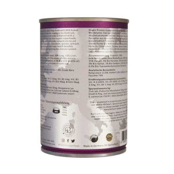ROCKSTER SUPERFOOD SUNDAY ROAST Organiczna, kompletna, mokra karma z jagnięciną wspierająca pracę wątroby i systemu odpornościowego - 400 g x 4 szt..jpg