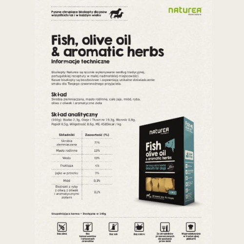 NATUREA FISH Biszkopty bezzbożowe z rybą z oliwą z oliwek i aromatycznymi ziołami dla kotów i psów - info.jpg