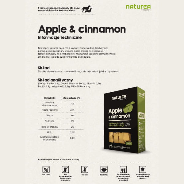 NATUREA APPLE Biszkopty bezzbożowe z jabłkiem i cynamonem dla kotów i psów - opis.jpg
