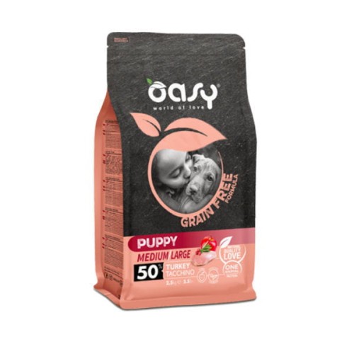 OASY GRAIN FREE PUPPY MEDIUM LARGE TURKEY Kompletna karma bezzbożowa z indykiem dla szczeniąt ras średnich i dużych ras - różna waga.jpg