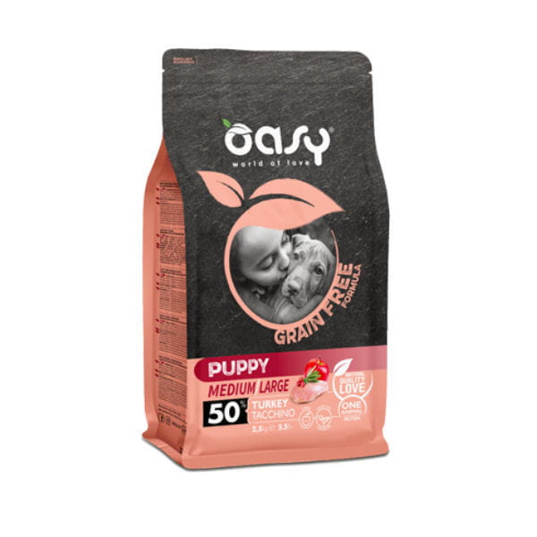 OASY GRAIN FREE PUPPY MEDIUM LARGE TURKEY Kompletna karma bezzbożowa z indykiem dla szczeniąt ras średnich i dużych ras - różna waga.jpg