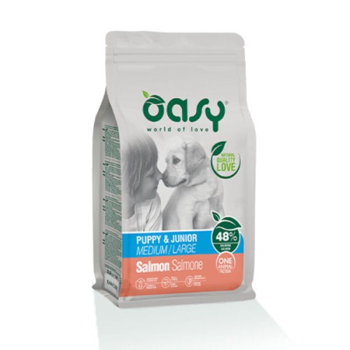 OASY ONE ANIMAL PROTEIN PUPPY JUNIOR MEDIUM LARGE SALMON Karma pełnoporcjowa z łososiem dla szczeniąt średnich i dużych ras.jpg