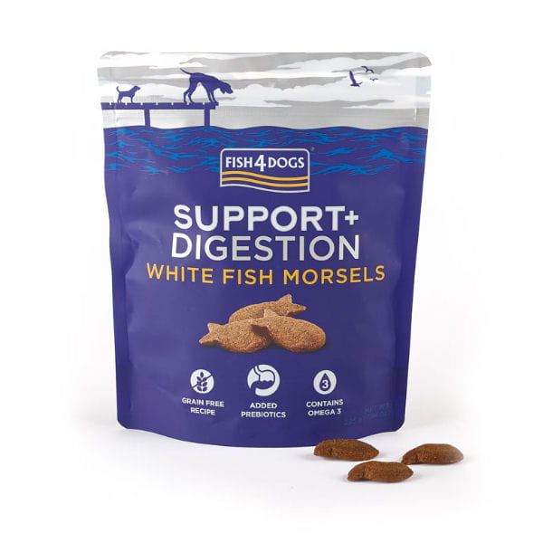 FISH4DOGS SUPPORT + DIGESTION WHITE FISH MORSELS Przysmaki z białą rybą wspierające układ pokarmowy u psa - 225 g.jpg