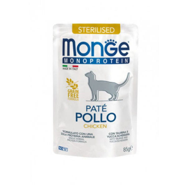 MONGE MONOPROTEIN STERILISED CHICKEN Kompletna karma monoproteinowa z kurczakiem dla kotów po sterylizacji - 85 g.jpg