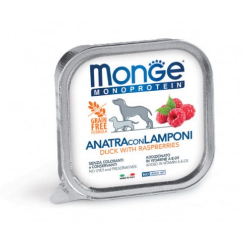 MONGE MONOPROTEIN FRUIT DUCK WITH RASPBERRIES Kompletna karma monoproteinowa z kaczką i malinami dla psów - 150 g x  6 szt..jpg