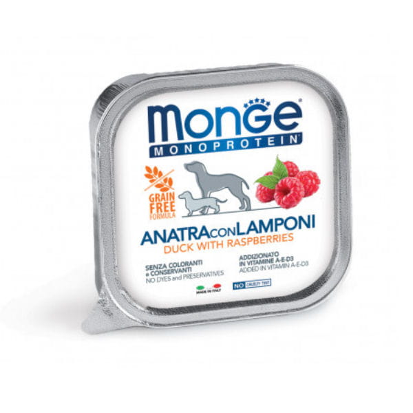 MONGE MONOPROTEIN FRUIT DUCK WITH RASPBERRIES Kompletna karma monoproteinowa z kaczką i malinami dla psów - 150 g x  6 szt..jpg