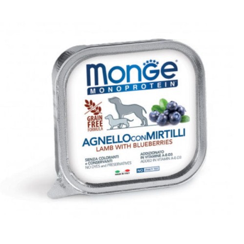 MONGE MONOPROTEIN FRUIT LAMB WITH BLUEBERRIES Kompletna karma monoproteinowa z jagnięciną I borówką dla psów - 150 g x  6 szt..jpg