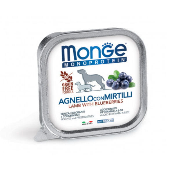 MONGE MONOPROTEIN FRUIT LAMB WITH BLUEBERRIES Kompletna karma monoproteinowa z jagnięciną I borówką dla psów - 150 g x  6 szt..jpg
