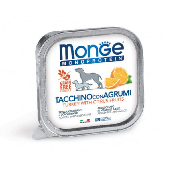 MONGE MONOPROTEIN FRUIT TURKEY WITH CITRUS FRUIT Kompletna karma monoproteinowa z indykiem i pomarańczą dla psów - 150 g x  6 szt..jpg
