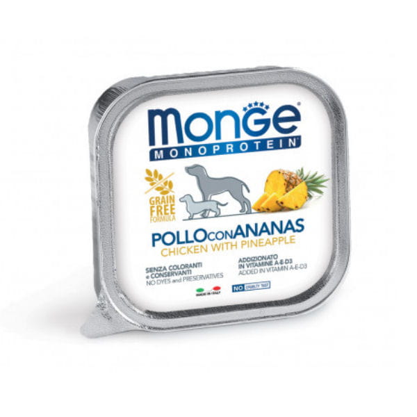 MONGE MONOPROTEIN FRUIT CHICKEN WITH PINEAPPLE Kompletna karma monoproteinowa z kaczką i jabłkiem dla psów  - 150 g x  6 szt..jpg