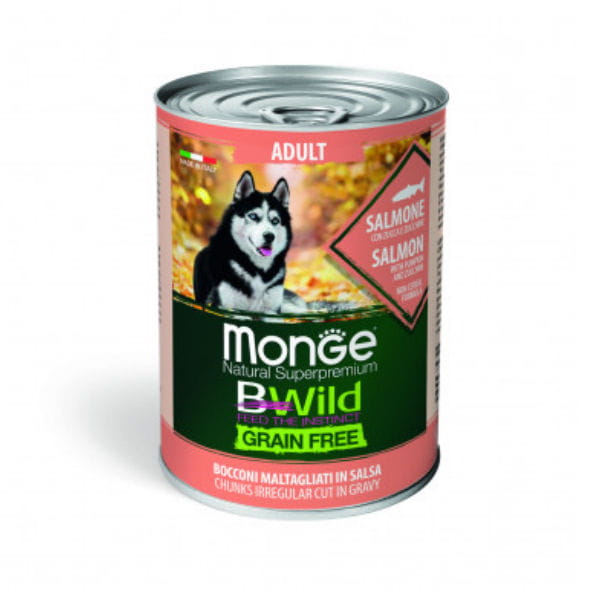 MONGE BWILD GRAIN FREE SALMON Kompletna karma bezzbożowa z łososiem dla dorosłych psów - 400 g x 4 szt..jpg