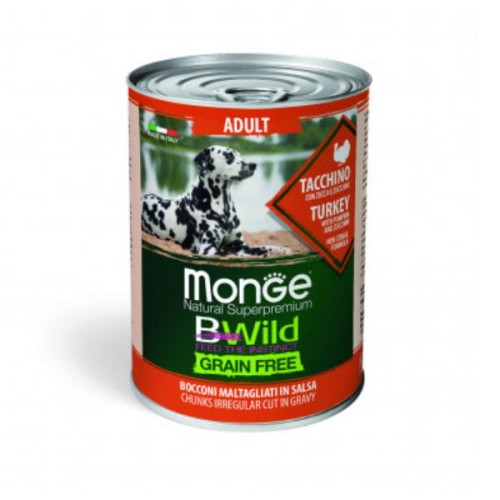 MONGE BWILD GRAIN FREE TURKEY Kompletna karma bezzbożowa z indykiem dla dorosłych psów - 400 g x 4 szt..jpg