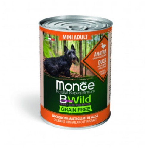 MONGE BWILD GRAIN FREE DUCK Kompletna karma bezzbożowa z kaczką dla dorosłych psów małych ras  - 400 g x 4 szt..jpg