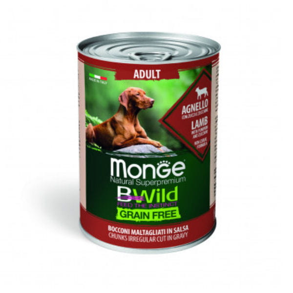 MONGE BWILD GRAIN FREE LAMB Kompletna karma bezzbożowa z jagnięciną dla dorosłych psów - 400 g x 4 szt..jpg