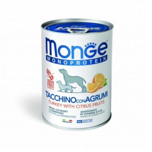MONGE MONOPROTEIN FRUIT TURKEY WITH CITRUS FRUIT Kompletna karma monoproteinowa z indykiem i pomarańczą dla psów - 400 g x 4 szt..jpg