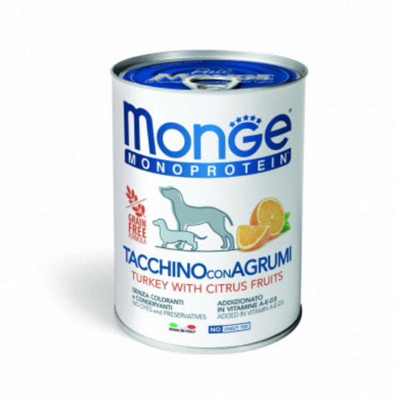 MONGE MONOPROTEIN FRUIT TURKEY WITH CITRUS FRUIT Kompletna karma monoproteinowa z indykiem i pomarańczą dla psów - 400 g x 4 szt..jpg