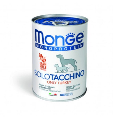 MONGE MONOPROTEIN TURKEY Kompletna karma monoproteinowa z indyka dla psów -  400 g x 4 szt..jpg