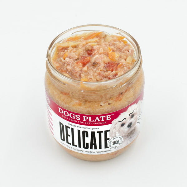 DOGS PLATE DELICATE KRÓLIK Karma mokra dla wrażliwych psów -  360 g- otwarty słoiczek.jpg