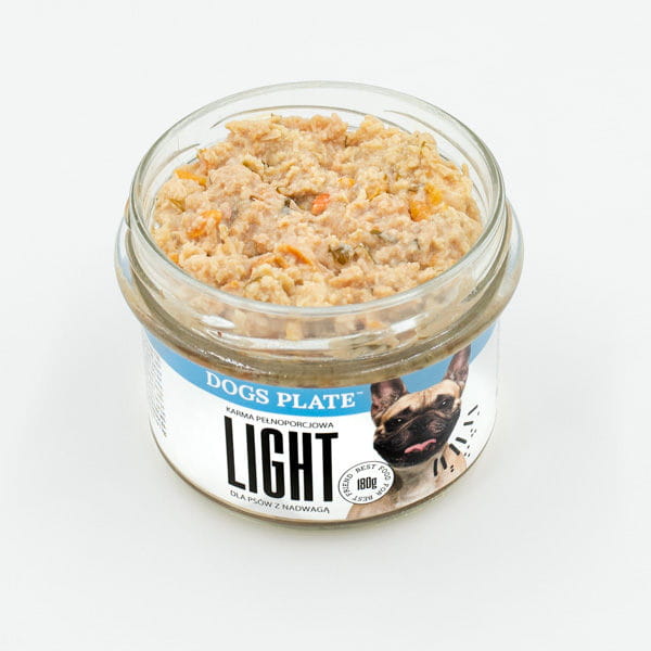DOGS PLATE LIGHT Kurczak Karma mokra dla psów z nadwagą - 180 g - otwarty słoiczek.jpg
