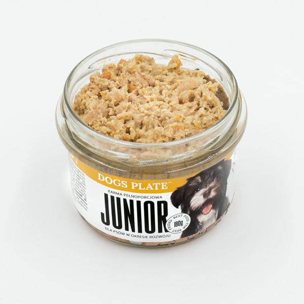 DOGS PLATE JUNIOR Kurczak z wołowiną Karma mokra dla szczeniąt i młodych psów - 180 g - otwaty słoiczek.jpg