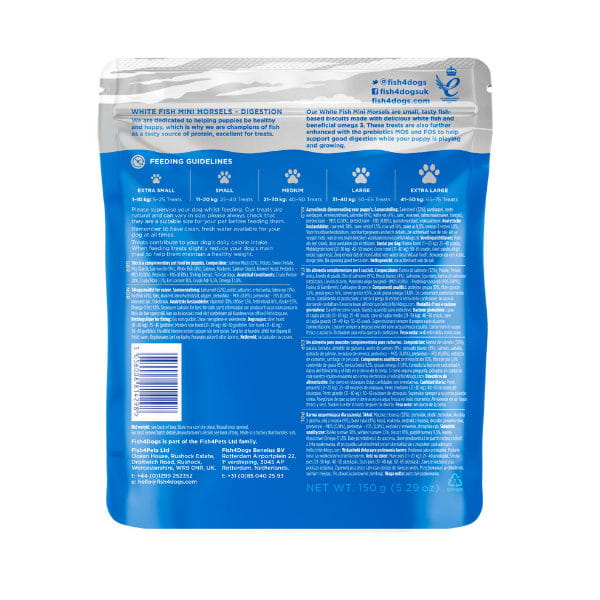 Fish4Dogs PUPPY WHITE FISH MINI MORSELS – Przysmaki funkcyjne na przewód pokarmowy dla szczeniąt - 150 g - tył opakowania.jpg