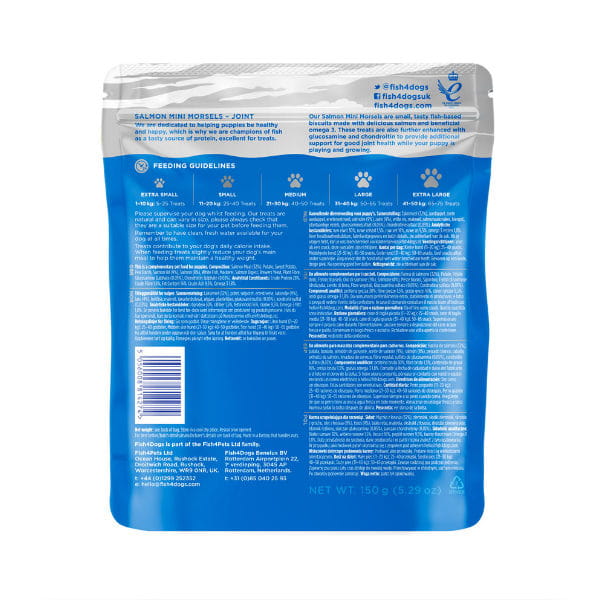 Fish4Dogs PUPPY SALMON MINI MORSELS – Przysmaki funkcyjne na stawy dla szczeniąt - 150 g - tył opakowania.jpg