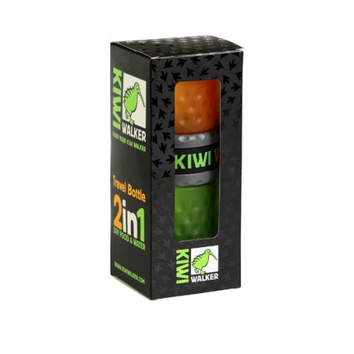 Butelka na wodę i karmę dla psa - KIWI WALKER TRAVEL BOTTLE 2in1 - kolor zielono-pomarańczowy - opakowanie.jpg