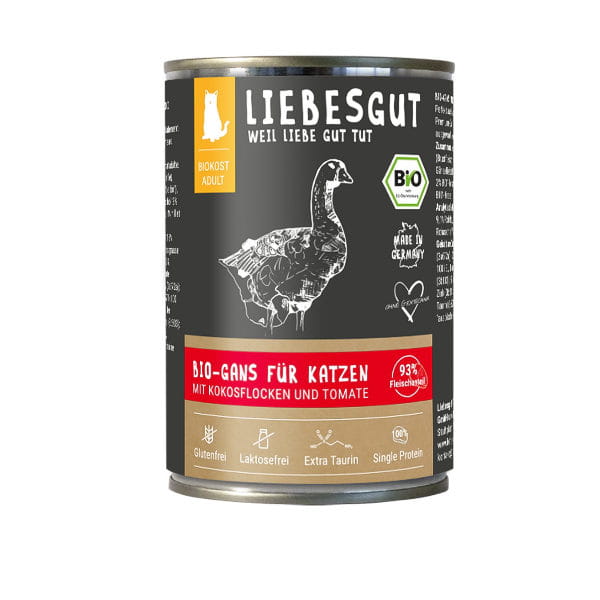 LIEBESGUT BIO GANS Ekologiczna gęś z płatkami kokosowymi i pomidorami - karma pełnoporcjowa dla dorosłych kotów -  400 g.jpg