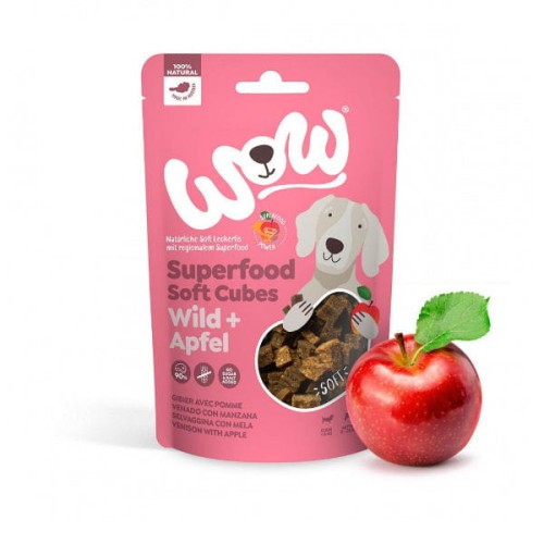 WOW SUPERFOOD SOFT CUBES WILD Dziczyzna z jabłkiem - miękkie przysmaki dla psa - 150 g.jpg