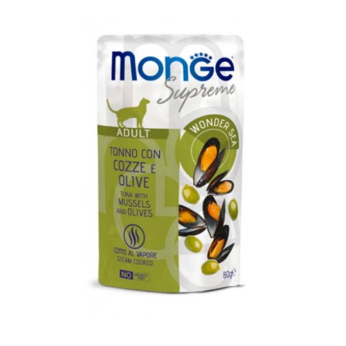 MONGE SUPREME ADULT - Tuńczyk z małżami i oliwkami - karma mokra bezzbożowa dla dorosłych kotów.jpg