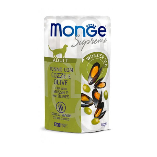 MONGE SUPREME ADULT - Tuńczyk z małżami i oliwkami - karma mokra bezzbożowa dla dorosłych kotów.jpg
