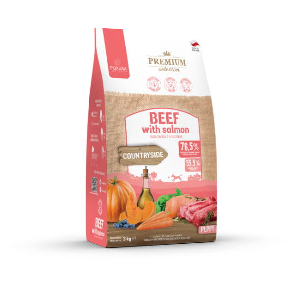 POKUSA PREMIUM SELECTION PUPPY  BEEF WITH SALMON Karma sucha pełnoporcjowa z wołowiną i łososiem dla szczeniąt i młodych psów - 3 kg.jpg