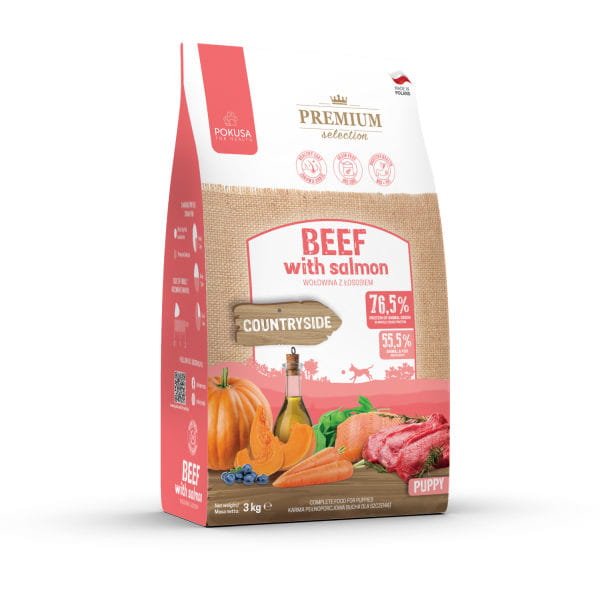 POKUSA PREMIUM SELECTION PUPPY  BEEF WITH SALMON Karma sucha pełnoporcjowa z wołowiną i łososiem dla szczeniąt i młodych psów - 12 kg.jpg