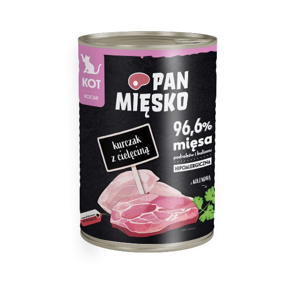 PAN MIĘSKO KURCZAK Z CIELĘCINĄ Karma pełnoporcjowa dla kociąt - 400 g.jpg
