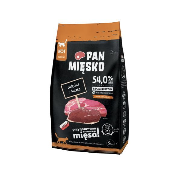 PAN MIĘSKO CIELĘCINA Z KACZKĄ Karma sucha pełnoporcjowa dla kotów wspierająca odkłaczanie - różna waga.jpg