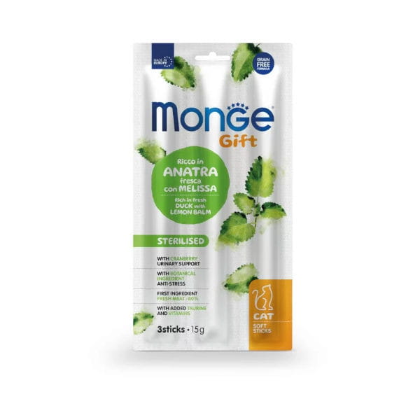 Przysmaki dla kotów sterylizowanych MONGE GIFT STICKS Kaczka z melisą i żurawiną - 15 g.jpg