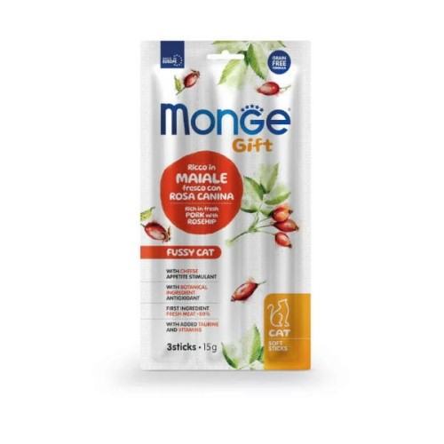 Przysmaki dla kotów MONGE GIFT STICKS Wieprzowina z dziką różą i serem - 15 g.jpg