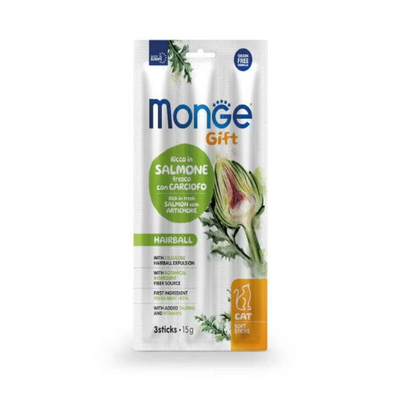 Przysmaki dla kotów MONGE GIFT STICKS HAIRBALL Łosoś z karczochem - 15 g.jpg