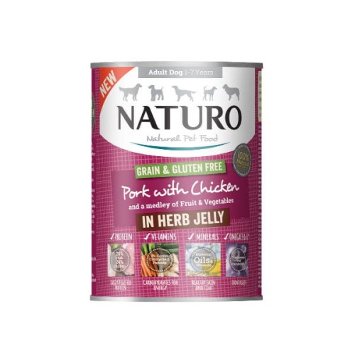 NATURO ADULT Karma mokra dla psów - wieprzowina z kurczakiem w galaretce - 390 g.jpg