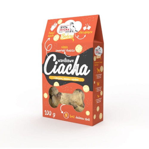 Syta Micha Pieczone ciastka dla psa - Waniliowe ciacha z dziczyzną, kokosem i morelami - 100 g.jpg