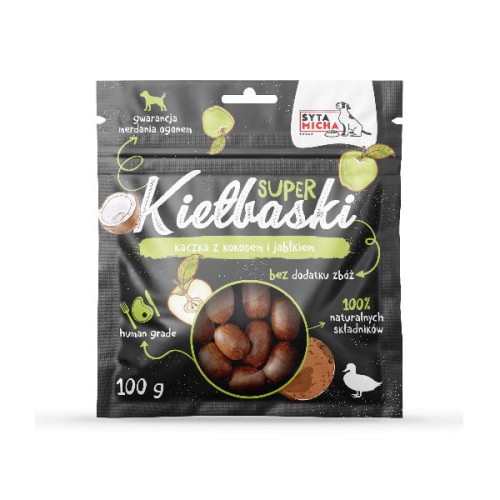 SYTA MICHA Kiełbaski z kaczką, kokosem i jabłkiem dla psa - 100 g.jpg