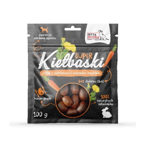 SYTA MICHA Kiełbaski z królikiem, marchewką i mniszkiem dla psa - 100 g.jpg