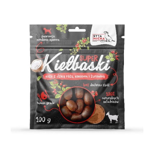 SYTA MICHA Kiełbaski z kozą, dziką różą i kokosem dla psa - 100 g.jpg