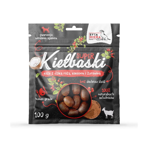SYTA MICHA Kiełbaski z kozą, dziką różą i kokosem dla psa - 100 g.jpg