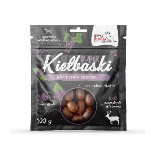 SYTA MICHA Kiełbaski z jeleniem i czarną porzeczką dla psa - 100 g.jpg